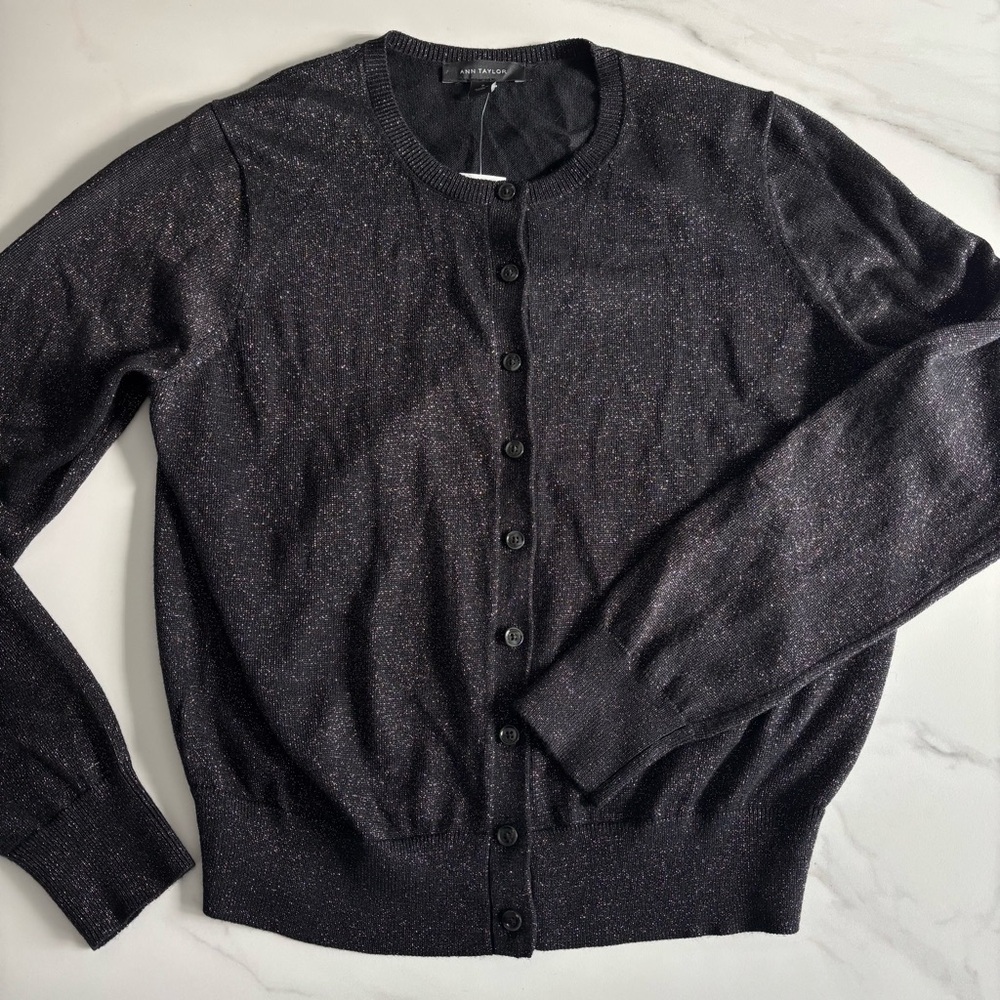 Ann Tailor Black Sparkle Button-Up Cardigan Medium